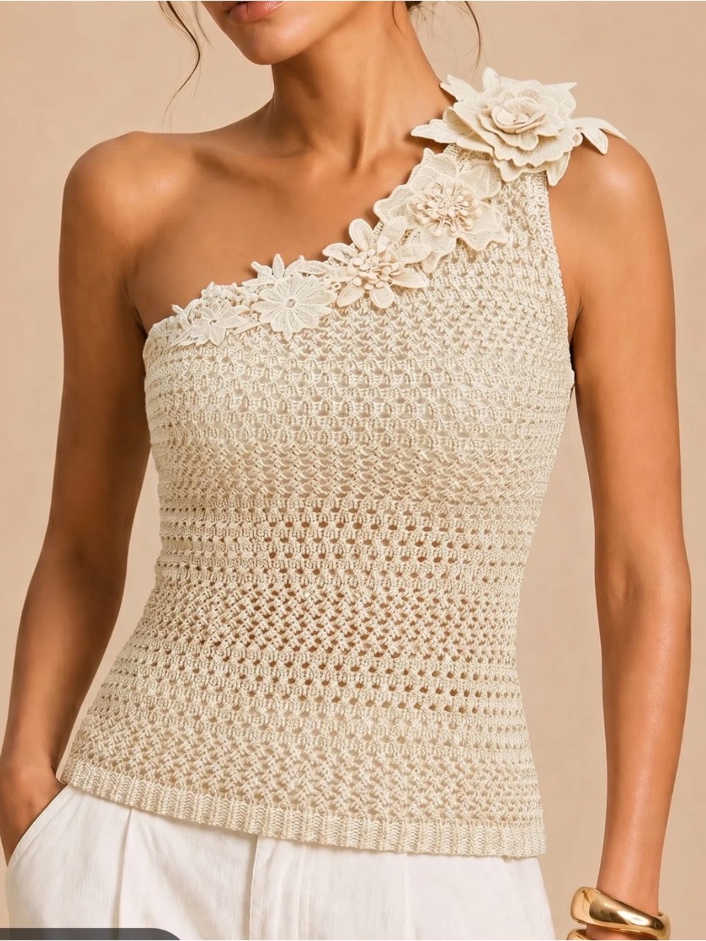 Commense One-Shoulder Crochet Floral Knit Top - Cream